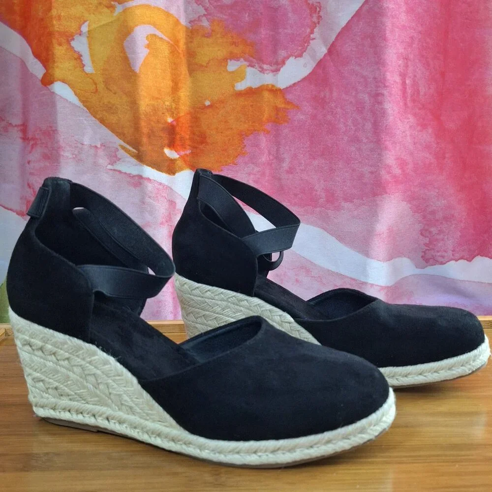 Faux Suede Black Natural Wedge Closed Toe Espadrilles Ankle Straps Size 39 EU